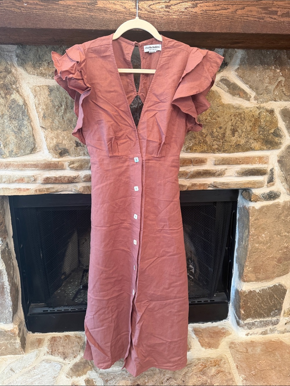 Charlie Holiday Rust Button-Front Midi Dress with Ruffle Sleeves